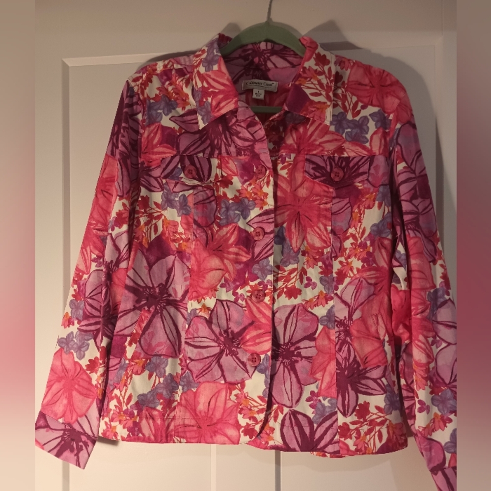 Coldwater Creek Floral Pink/Purple Button-Front Unlined Jacket Size L